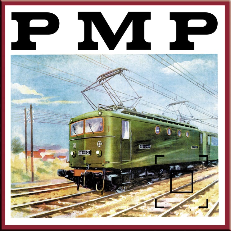Un couvercle de boîte de trains électriques miniatures PMP dans les années 1950
