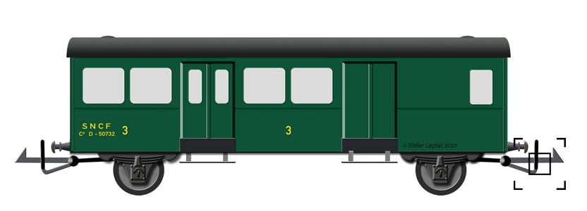 Voiture banlieue à essieux troisième classe et fourgon - PMP- Dessin de Didier Leplat