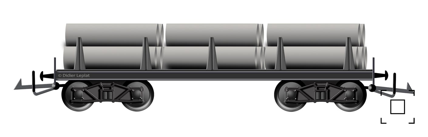 Wagon plateau à rancher à boggie rempli de tubes en ciment - PMP - Dessin de Didier Leplat