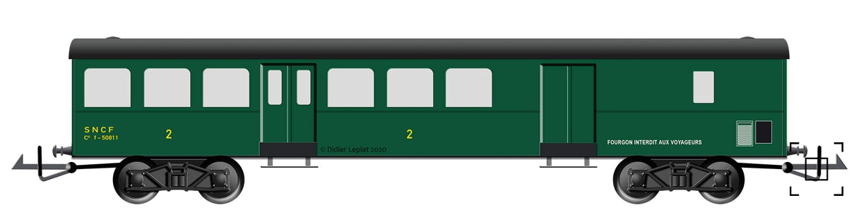 Voiture grande banlieue troisième classe et fourgon - PMP - Dessin de Didier Leplat